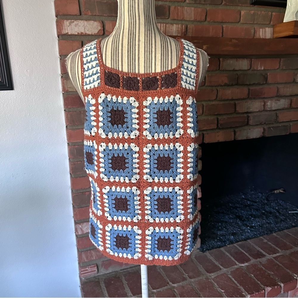 CATO Granny Square Crochet Tank Top Brown Blue Sz XS - Picture 5 of 7